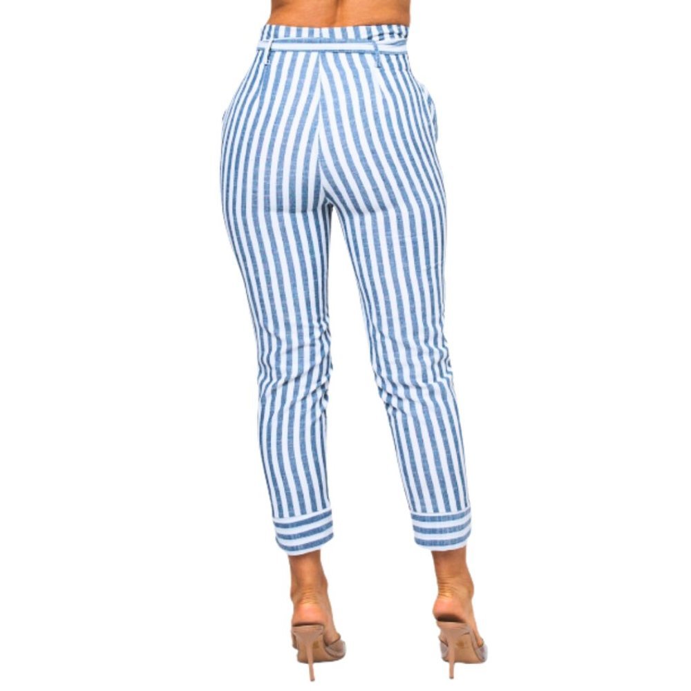 NWT Women's Nautical Blue and White Striped Cropped High Waist Pants Tie Belt - Picture 3 of 5